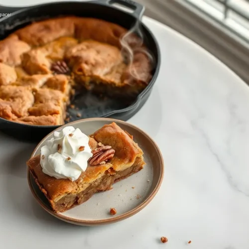 Warm skillet apple pie brownie with melting ice cream