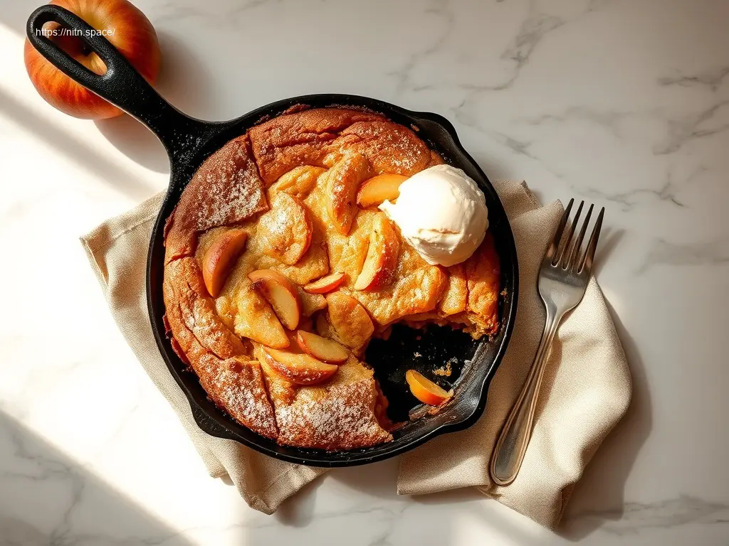 Warm skillet apple pie brownie with melting ice cream