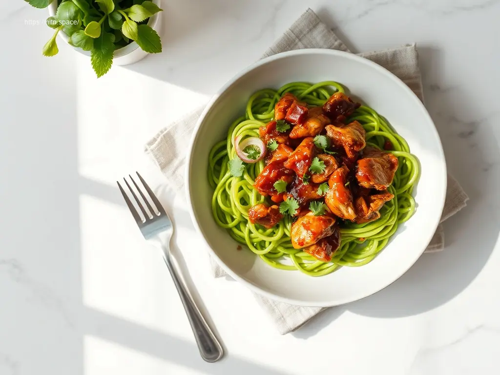 Delicious Skinny BBQ Chicken with Zoodles overhead view