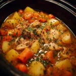 Delicious slow cooker chicken stew served in a bowl with vegetables.