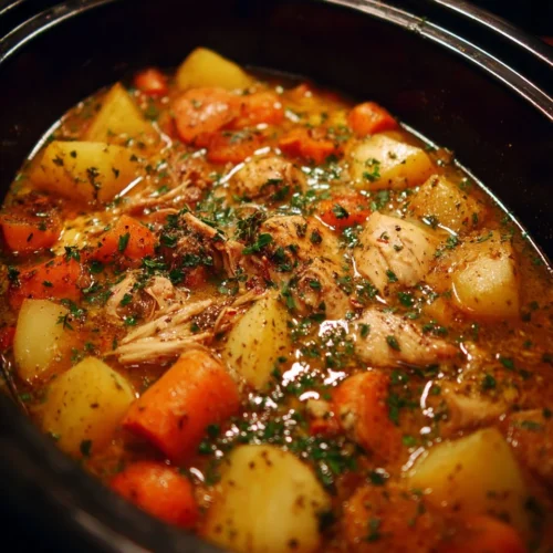 Delicious slow cooker chicken stew served in a bowl with vegetables.