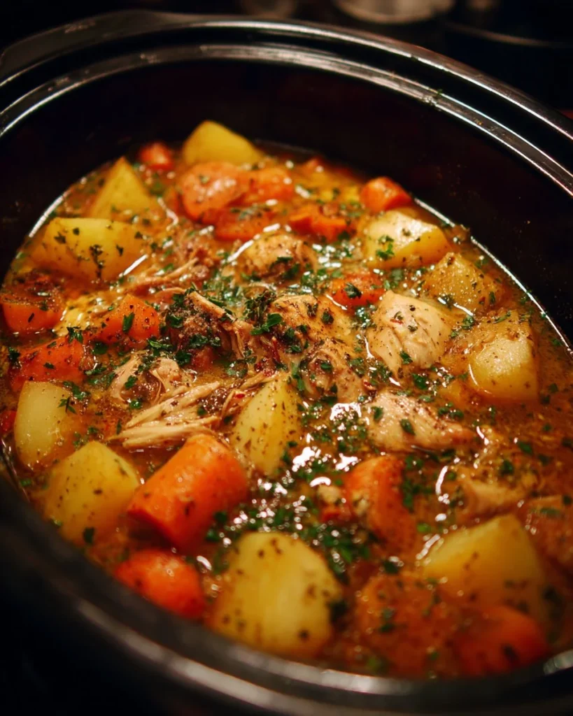 Delicious slow cooker chicken stew served in a bowl with vegetables.