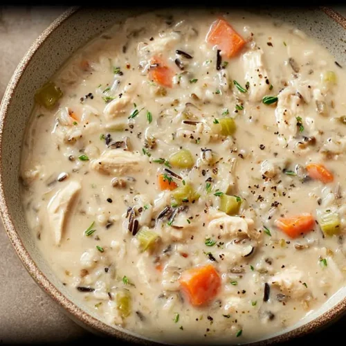 A steaming bowl of slow cooker chicken and wild rice soup with fresh parsley.