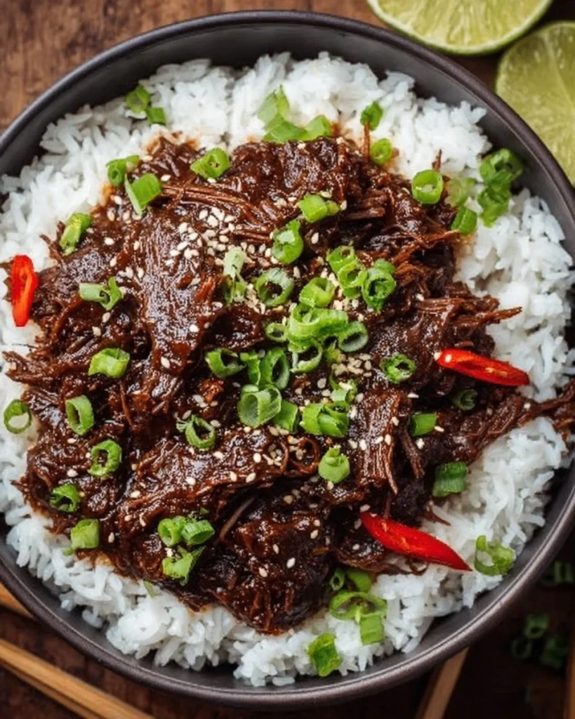 Delicious slow cooker Korean beef dish served with rice and garnished with green onions.