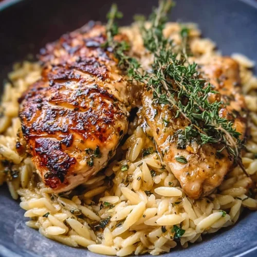 Slow Cooker Parmesan Herb Chicken served with orzo on a plate