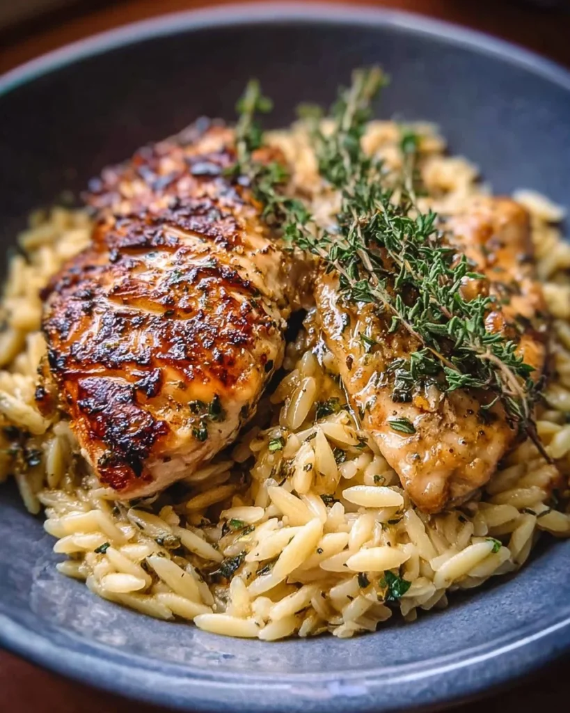 Slow Cooker Parmesan Herb Chicken served with orzo on a plate