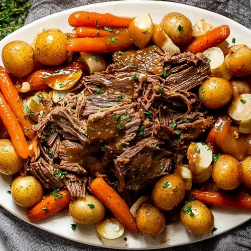A rich slow cooker pot roast with tender vegetables served in a rustic bowl.
