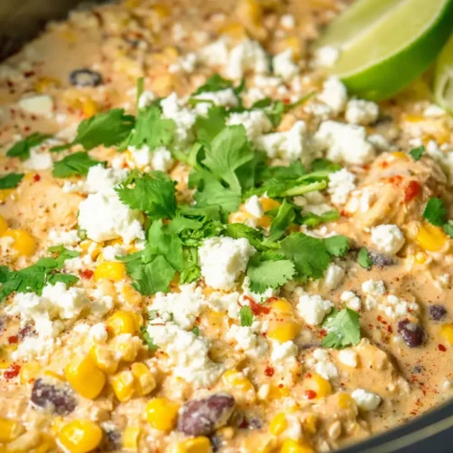 A serving of slow cooker street corn chicken in a rustic bowl.