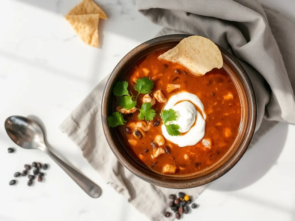 Overhead view of Slow Cooker Chicken and Black Bean Soup