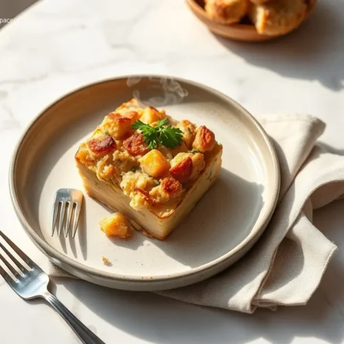 Delicious Sour Dough Stuffing with Fresh Herbs on a white marble table