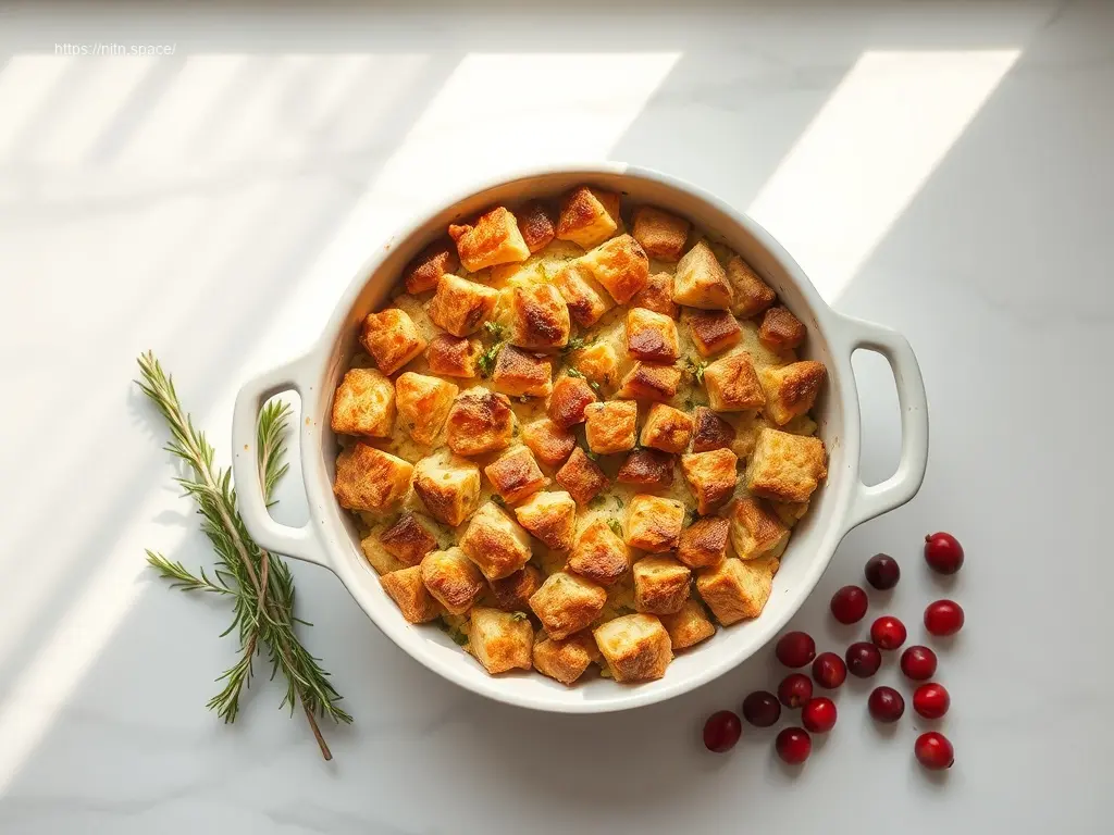Delicious Sour Dough Stuffing with Fresh Herbs on a white marble table