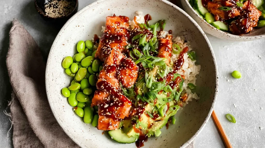 Overhead shot of Honey Sriracha Glazed Salmon Bowls, showcasing the rich sauce and healthy ingredients.