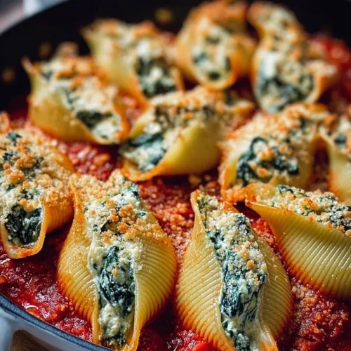 Delicious spinach and ricotta stuffed shells served with marinara sauce.