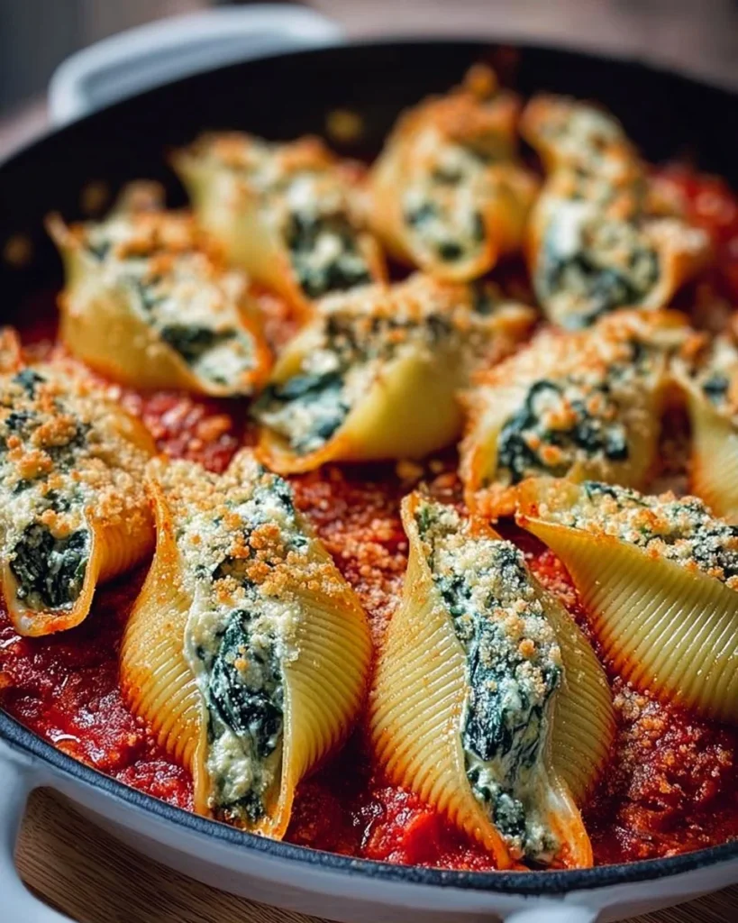 Delicious spinach and ricotta stuffed shells served with marinara sauce.