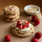Delicious strawberry cheesecake cookies with fresh strawberries on top.