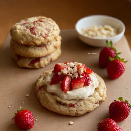 Delicious strawberry cheesecake cookies with fresh strawberries on top.