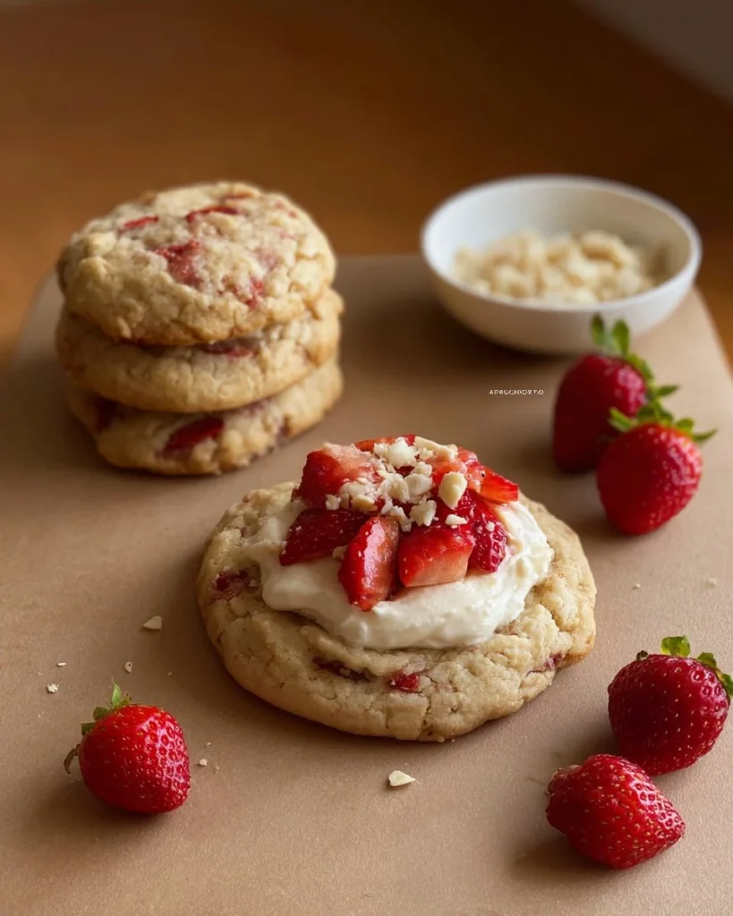Delicious strawberry cheesecake cookies with fresh strawberries on top.