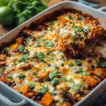 Delicious Sweet Potato and Black Bean Enchilada Casserole topped with cheese.