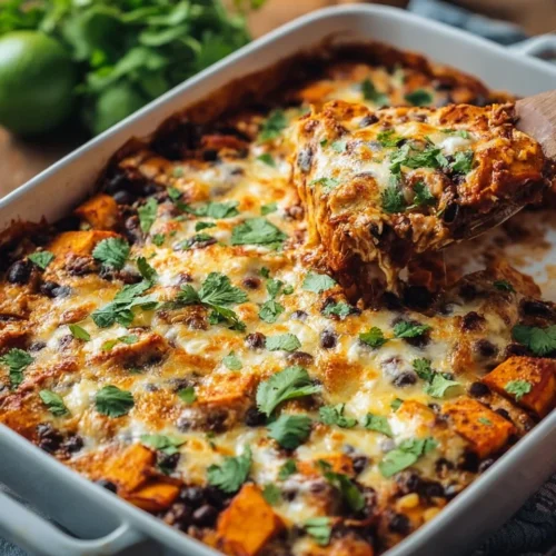 Delicious Sweet Potato and Black Bean Enchilada Casserole topped with cheese.