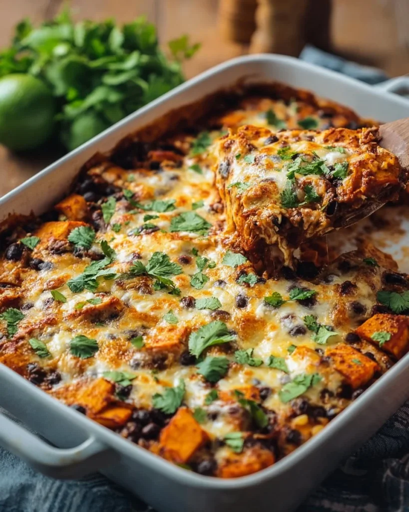 Delicious Sweet Potato and Black Bean Enchilada Casserole topped with cheese.
