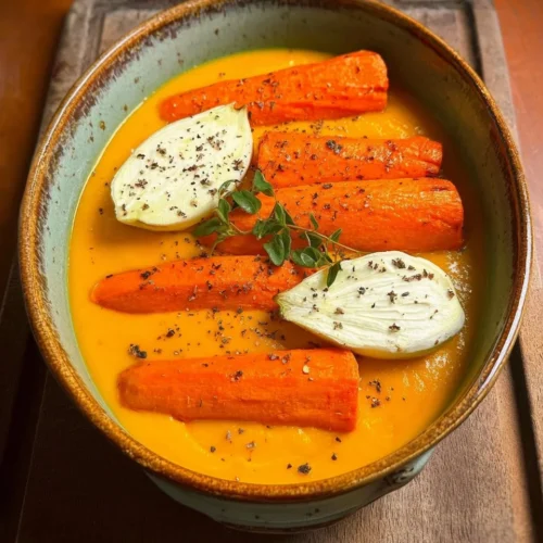 Bowl of sweet potato and carrot soup with coconut milk garnished with herbs