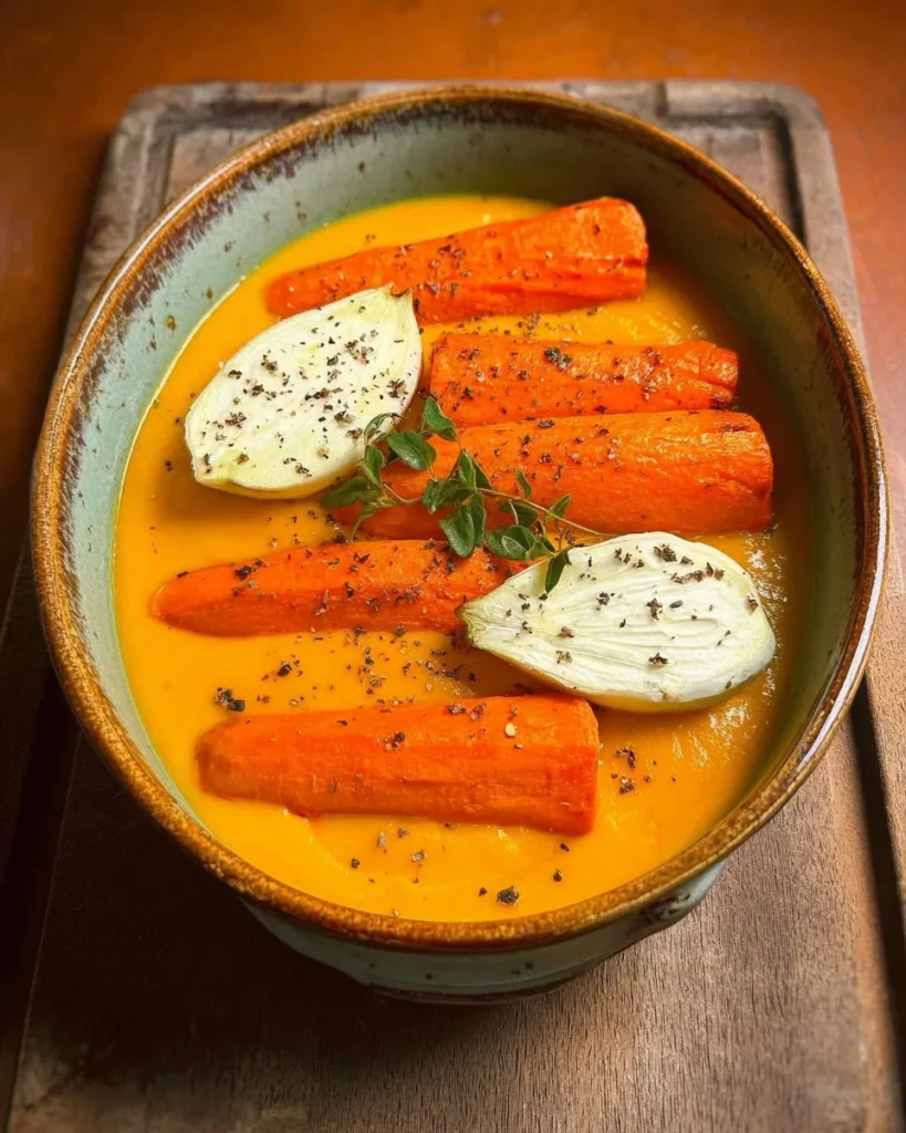 Bowl of sweet potato and carrot soup with coconut milk garnished with herbs