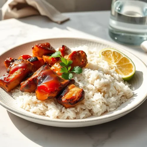 Delicious Teriyaki Chicken with Jasmine Rice overhead view