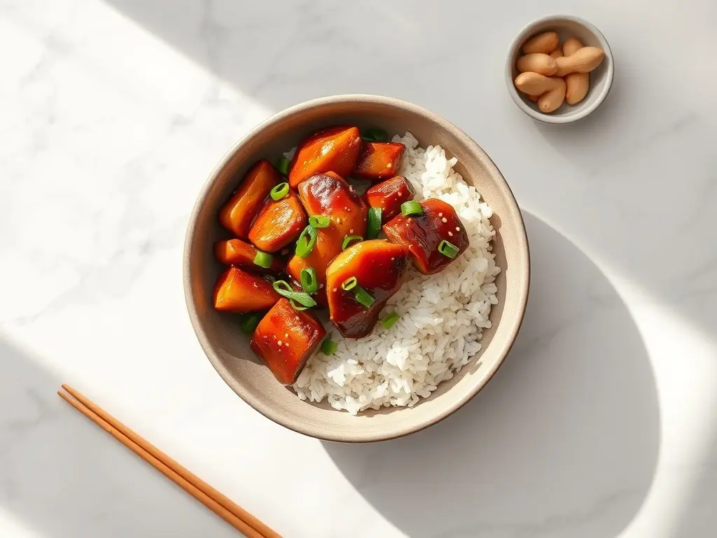 Delicious Teriyaki Chicken with Jasmine Rice overhead view