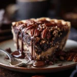 Delicious slice of Texas chocolate pecan pie with rich chocolate and crunchy pecans.