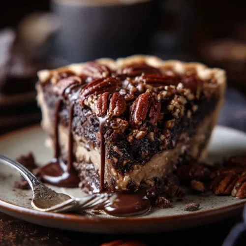 Delicious slice of Texas chocolate pecan pie with rich chocolate and crunchy pecans.
