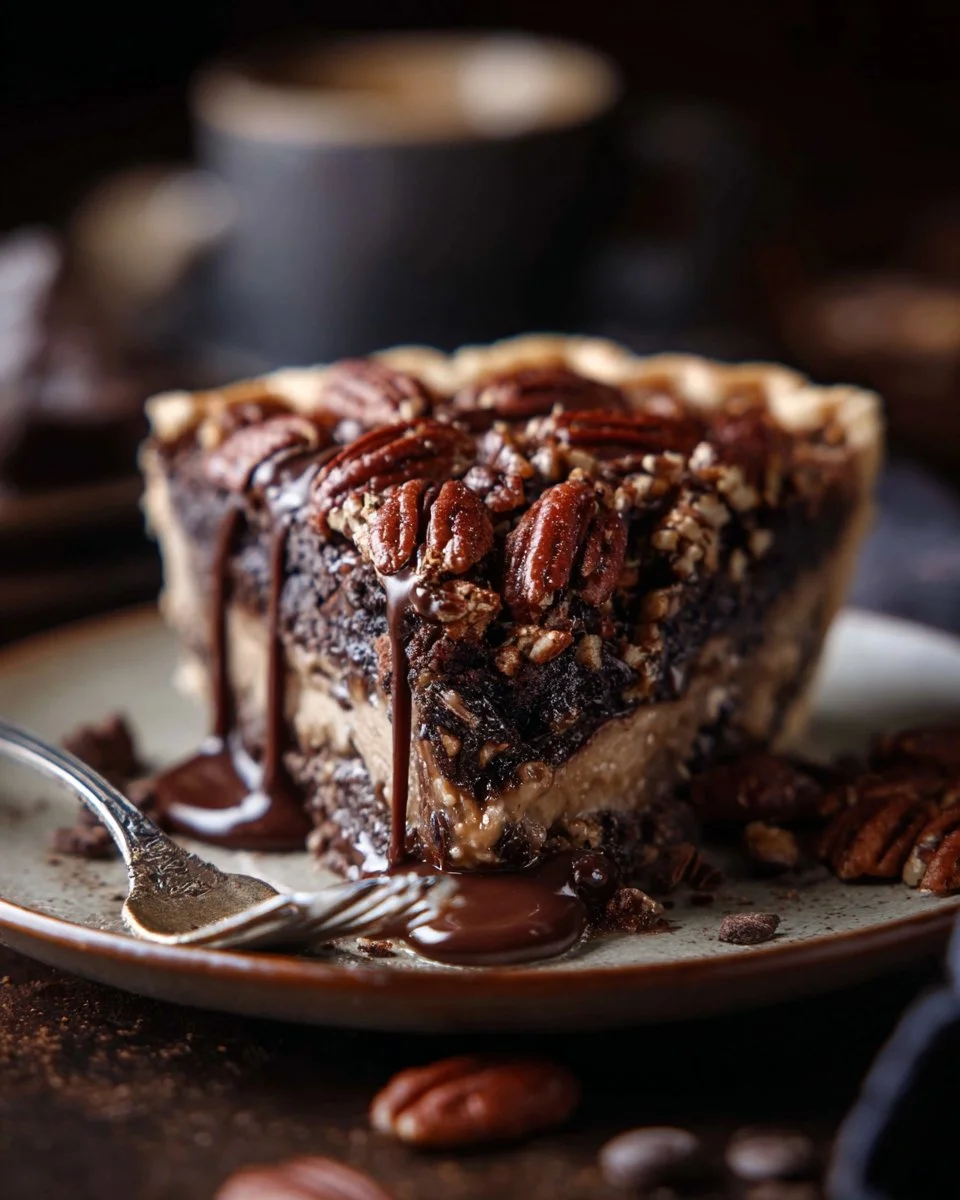 Delicious slice of Texas chocolate pecan pie with rich chocolate and crunchy pecans.