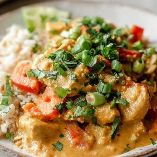 A dish of Thai peanut chicken garnished with fresh cilantro and crushed peanuts.