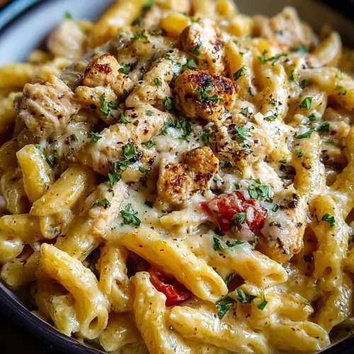 Cooked crockpot garlic parmesan chicken pasta served in a bowl