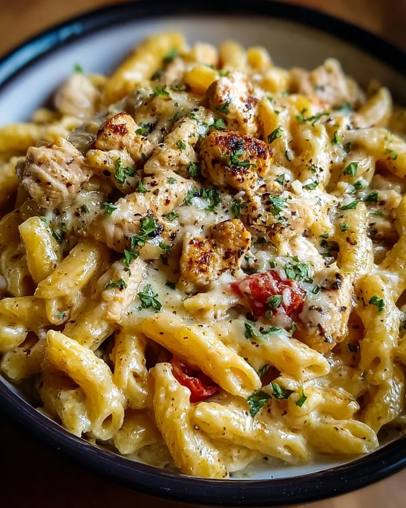 Cooked crockpot garlic parmesan chicken pasta served in a bowl