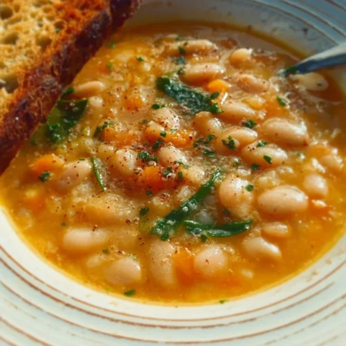 Delicious bowl of the best white bean soup garnished with herbs