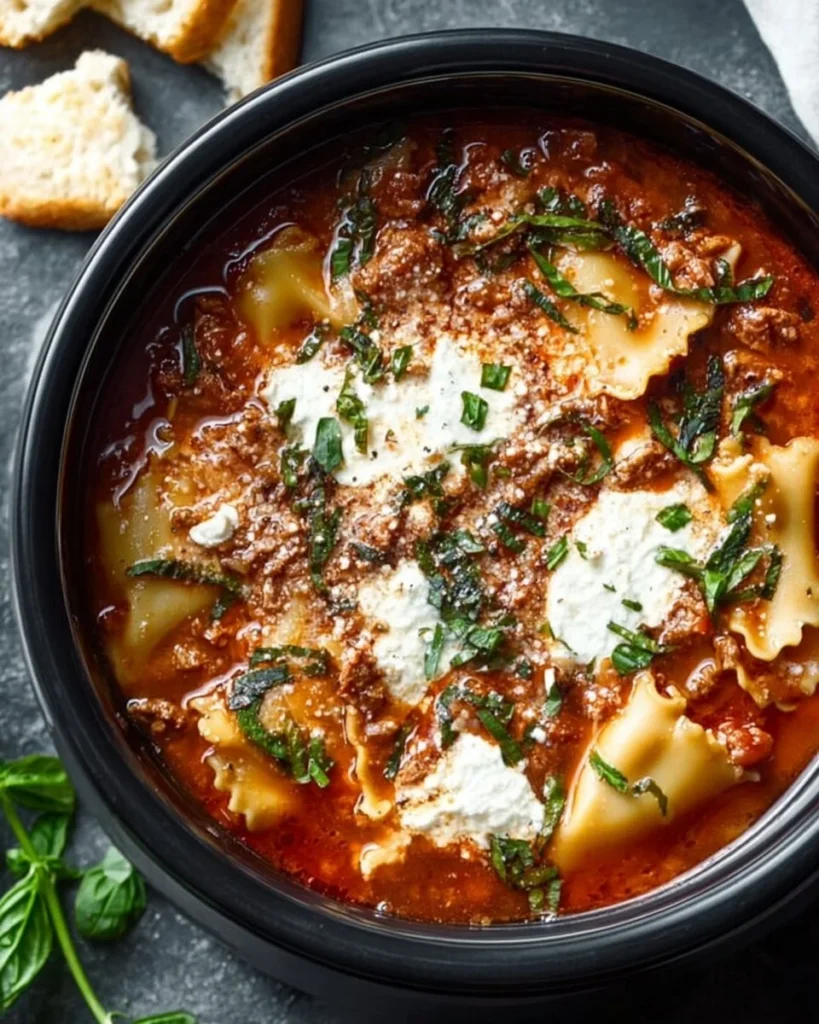 Delicious Crockpot Lasagna Soup served in a bowl with toppings