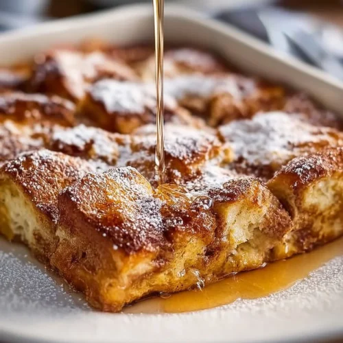 Traditional French toast casserole ready to be served for breakfast or brunch