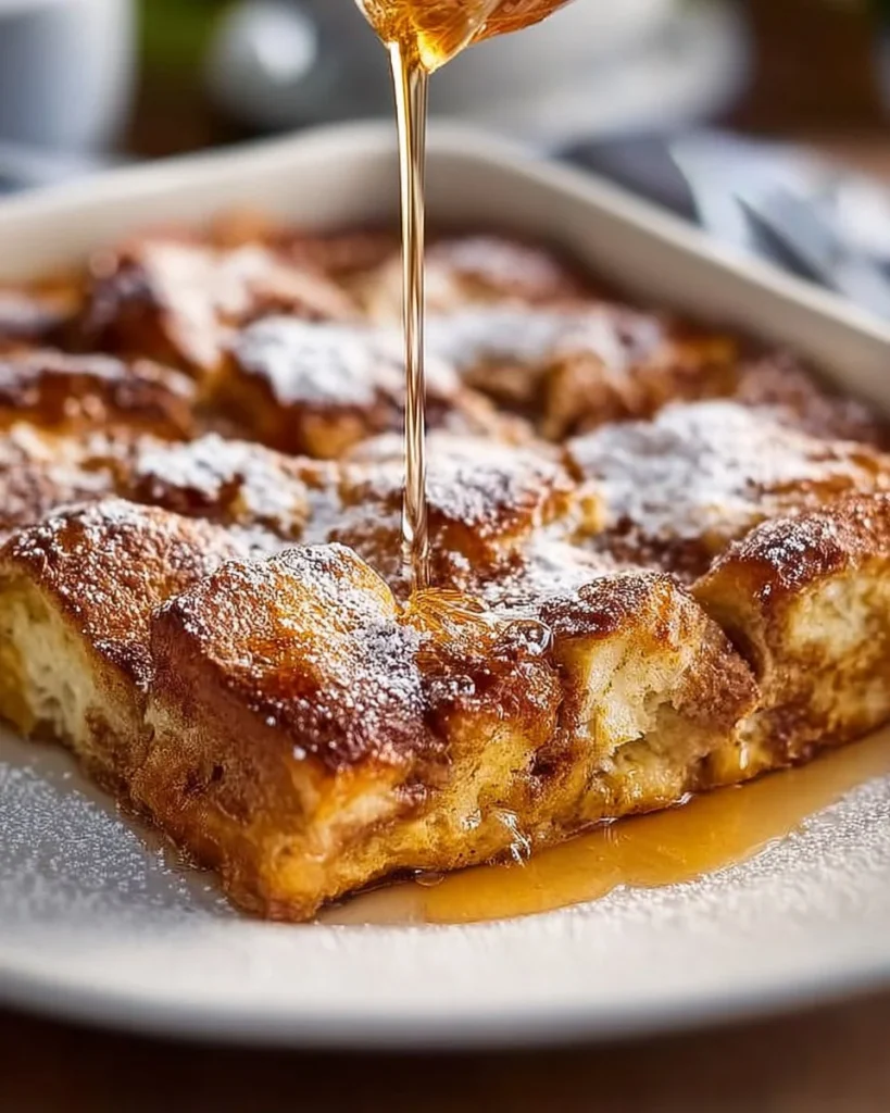 Traditional French toast casserole ready to be served for breakfast or brunch