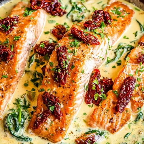 Close-up of pan-seared Tuscan salmon with creamy sauce, sun-dried tomatoes, and spinach.