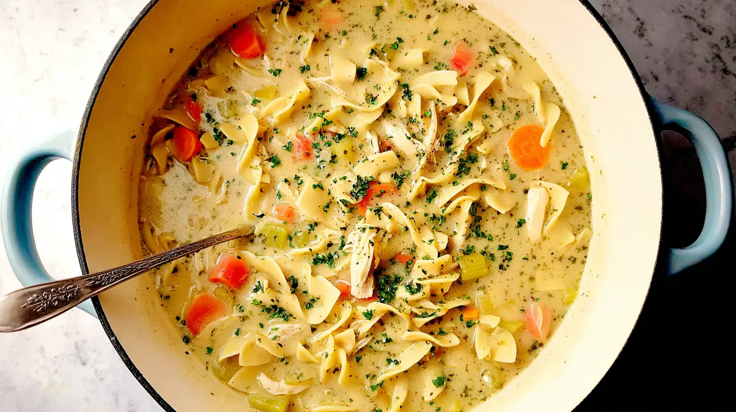 Close-up of rich creamy chicken noodle soup with tender chicken and vegetables