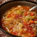 Bowl of flavorful Weight Watchers cabbage soup with fresh vegetables