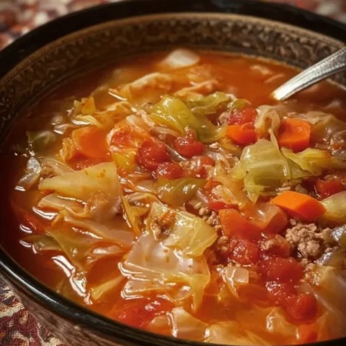 Bowl of flavorful Weight Watchers cabbage soup with fresh vegetables