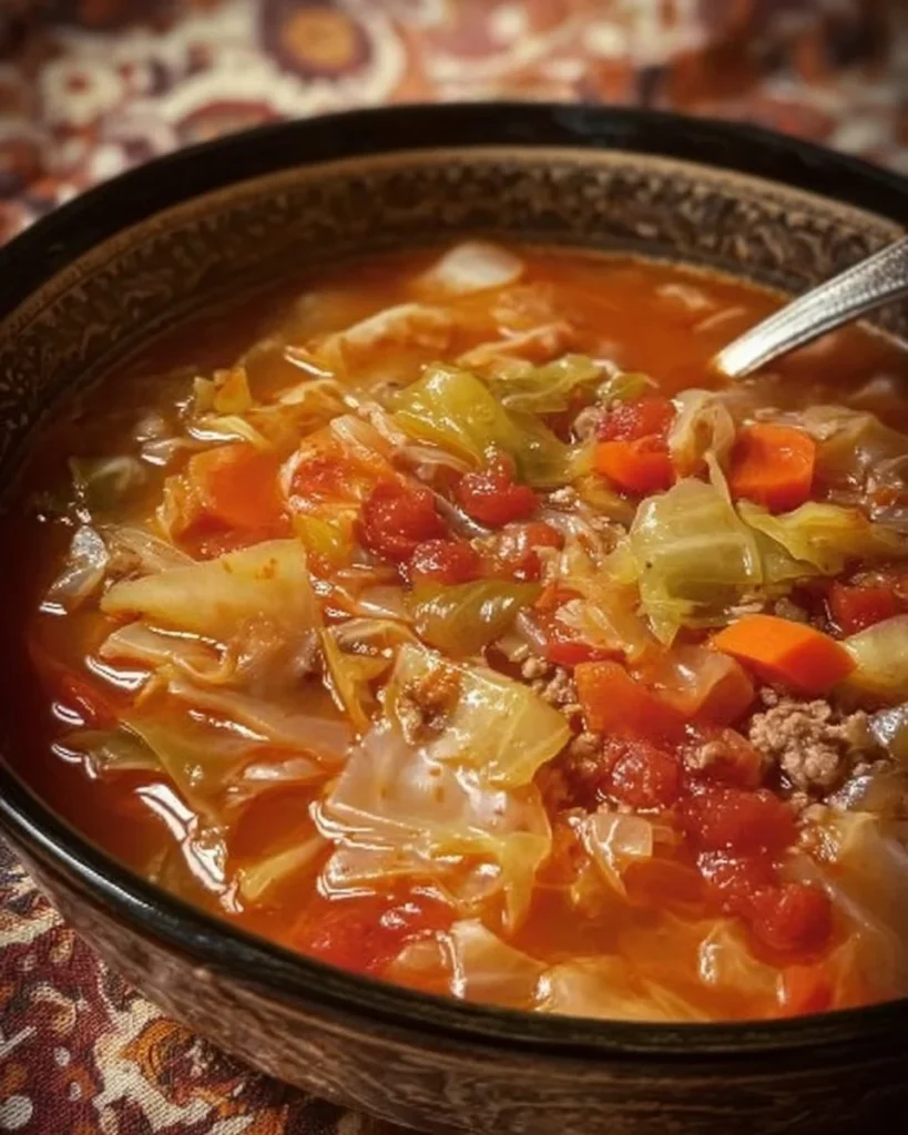 Bowl of flavorful Weight Watchers cabbage soup with fresh vegetables