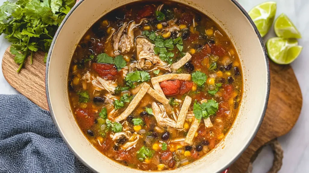Close-up of a flavorful chicken tortilla soup with avocado slices and a lime wedge.