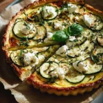 Savory zucchini feta tart garnished with fresh herbs and served on a plate