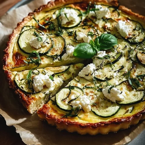 Savory zucchini feta tart garnished with fresh herbs and served on a plate