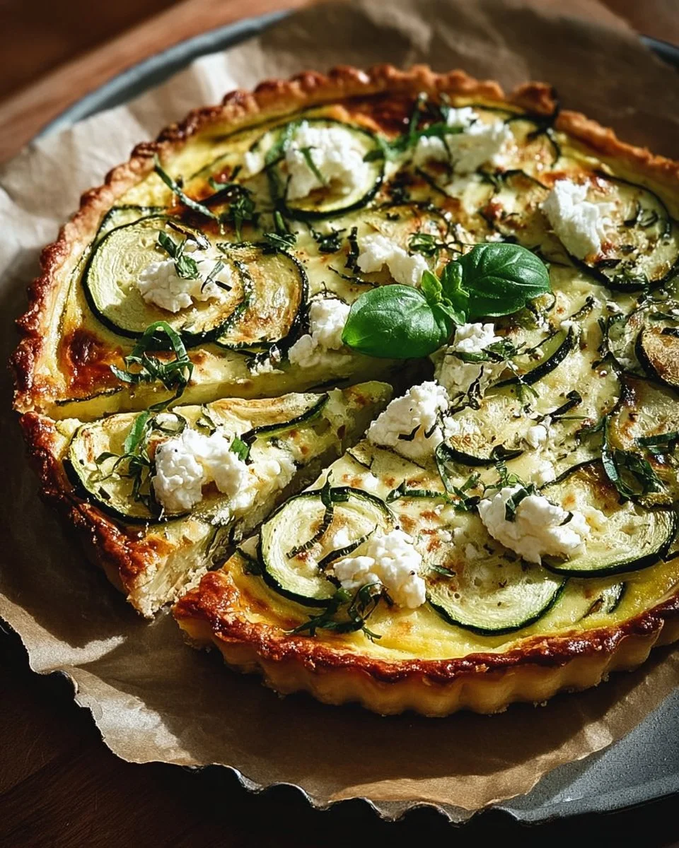 Savory zucchini feta tart garnished with fresh herbs and served on a plate